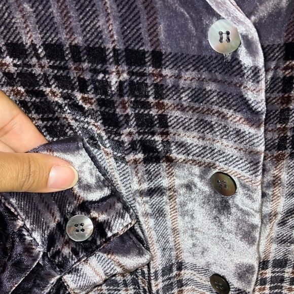 Soft surrounding silk blend purple plaid velour collared button down long sleeve - Picture 3 of 6